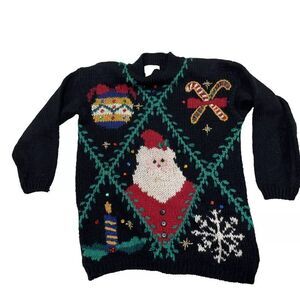 CABIN CREEK Vintage 90s Holiday Art Sweater L Ramie Santa Color Christmas Knit L